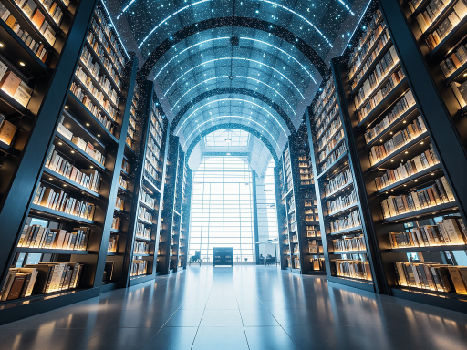 同人小说封面设计，精灵璇站在图书馆中，书本环绕，神秘而知性的氛围